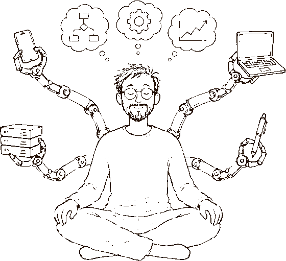 A sketch of Saiful sitting cross-legged, with four segmented mechanical arms rising behind him, each gripping a different tool, under three thought bubbles.