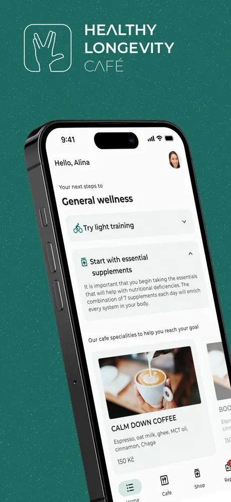 Healthy Longevity Cafe app screen 1